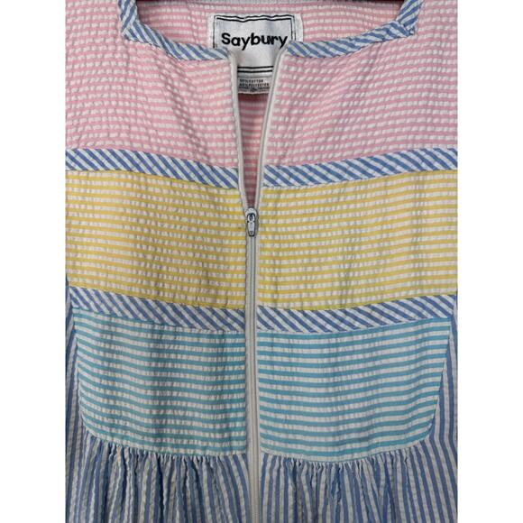 VTG 80'S Saybury Pastel‎ Seersucker Stripe Maxi Zip Up House Dress Robe Medium - Picture 5 of 9